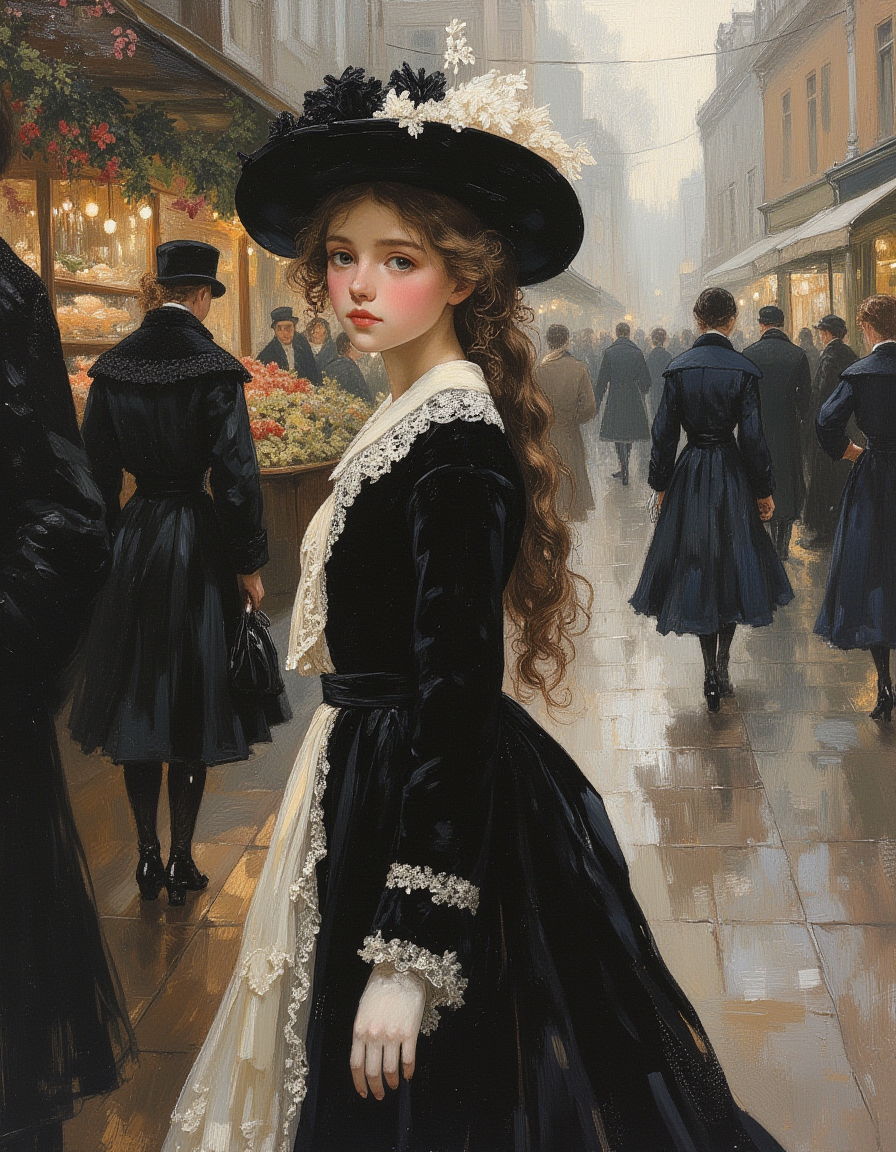 masterpiece, high quality, Oil Painting, Hyper-realistic, hyper-detailed oil painting of HBClaflin style of an awkwardly beautiful blushing tween girl who is wearing a winter formal Victorian dress. She is prim and proper, walking through a 19th century Portobello Road Market in London, she looks like a winter fashion model. Focus on the girl, shadow and light, Masterpiece, intricate lines, intriguing atmosphere, sharp magnificent details, delicate features, elaborate details, (2\3 rule composition:0.5), ultra detailed, romantic, Rembrandt lighting, brush stroke, lovely, del1cate_balance style, novuschroma, in the style of Rembrandt. vantablack <lora:style_of_Rembrandt_FLUX_135:.8> <lora:- Flux1 - vanta_black_V2.0:.3> <lora:Delicate_Balance:.3> <lora:113_novuschromaFLX_1:.4> <lora:neeeg_f1:-1> <lora:Midjourney_Whisper_Minimal:.3> <lora:H. B. Claflin:.8>