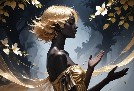 zPDXL3, ((score_9, score_8_up, score_7_up)), masterpiece, detailed, perfect face, perfect anatomy, 1boy, Cyrus the great, elven ears, slim body, black skin, golden dress, reaching, flower tree, silhouette_with_gold_foil, abstract, metallic shine, from side, dark background, Korosh