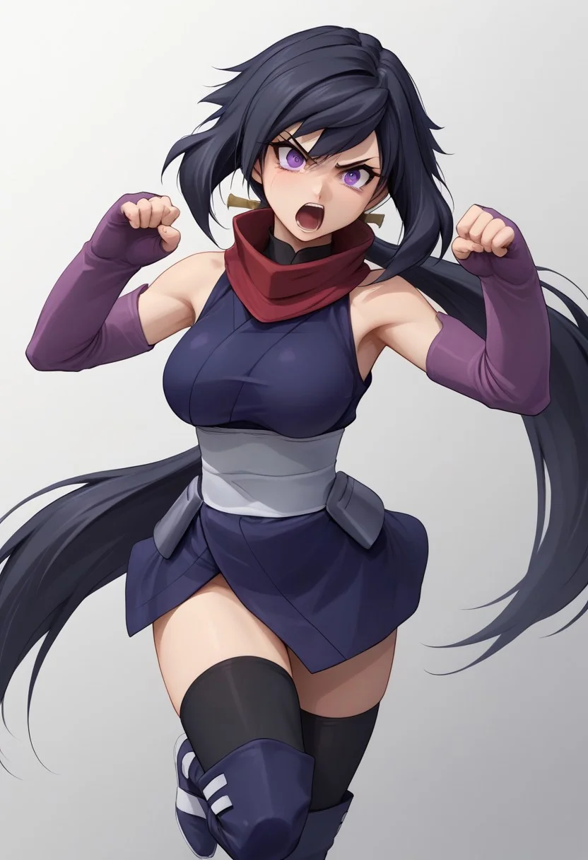 score_9, score_8_up, score_7_up, source_anime, good anatomy, detailed face, beautiful face, 11girl, solo, AyameGBD, black hair, long hair, split ponytail, ponytail, very long hair, purple eyes, bare shoulders, zettai ryouiki, ninja, dark blue kimono, white obi, black thighhighs, thighhighs under boots, dark blue kneeboots, white sandals, detached sleeves, elbow gloves, fingerless gloves, long purple gloves, no mask, unworn mask, red scarf, leaping, one knee up, one leg up, mouth open, shouting, fluttering kimono, kimono aside, fighting stance