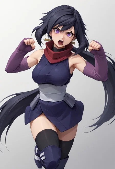 score_9, score_8_up, score_7_up, source_anime, good anatomy, detailed face, beautiful face, 11girl, solo, AyameGBD, black hair, long hair, split ponytail, ponytail, very long hair, purple eyes, bare shoulders, zettai ryouiki, ninja, dark blue kimono, white obi, black thighhighs, thighhighs under boots, dark blue kneeboots, white sandals, detached sleeves, elbow gloves, fingerless gloves, long purple gloves, no mask, unworn mask, red scarf, leaping, one knee up, one leg up, mouth open, shouting, fluttering kimono, kimono aside, fighting stance
