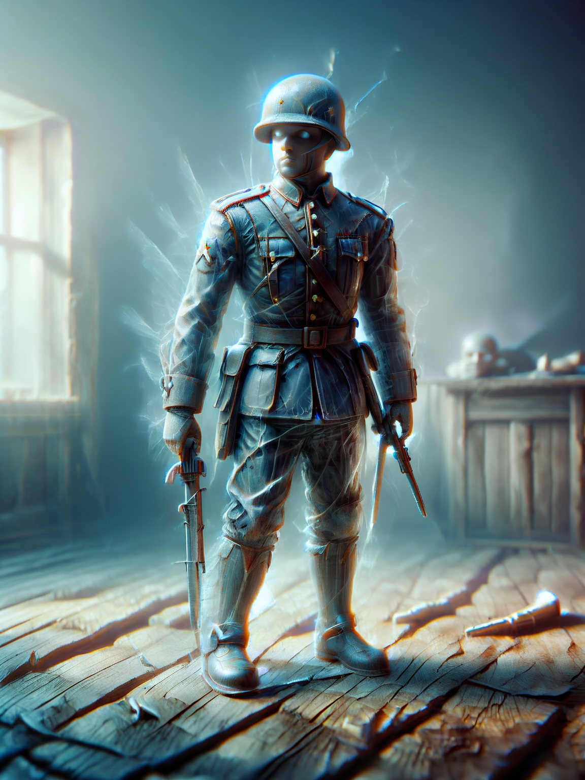 ais-ghostly, an ais-olde toy soldier, in battle on the wooden floor of an ais-olde house <lora:Olde_Style_SDXL:1> <lora:Ghostly_Style_SDXL:1>