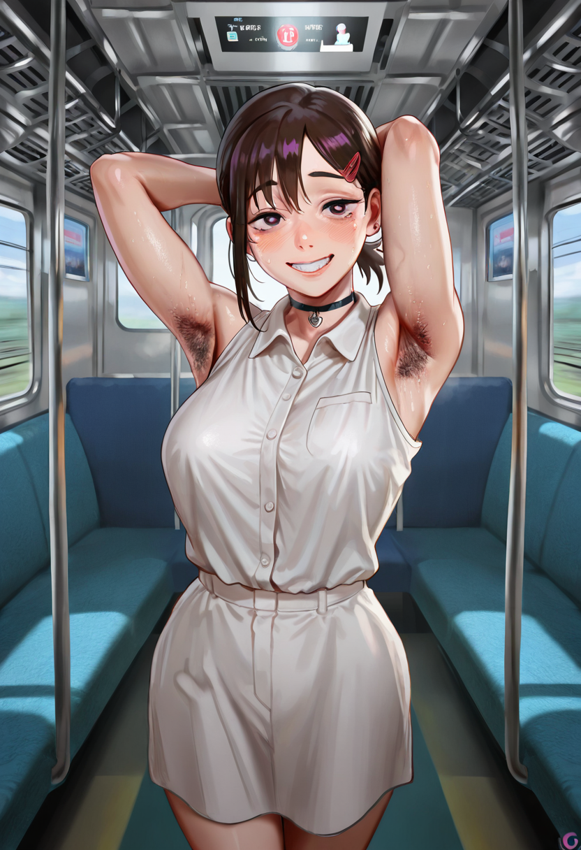 masterpiece, best quality, amazing quality, ultra detailed, solo, 1girl, adult, smile, Kobeni Higashiyama, grin, white collared shirt, sleeveless, black choker, looking at viewer, blush, bangs, standing, train, train interior, presenting armpit, armpit hair, hand behind head, cowboy shot,<lora:G-Puniro_Style_IL:0.81>