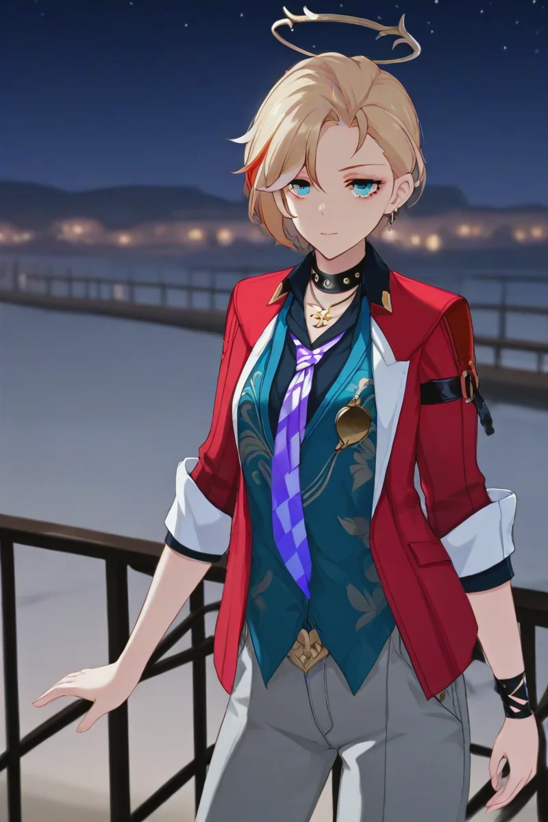 1girl,solo,looking at viewer,1girl,shuweng\(star_rail\),outdoors,light,
red jacket,halo,open clothes,blue shirt open,gray pants,necktie,
score_9,score_8_up,score_7_up,score_6_up,score_5_up,score_4_up,
<lora:sdxl_lightning_8step_lora:1>,<lora:èç¿-000015:1>,