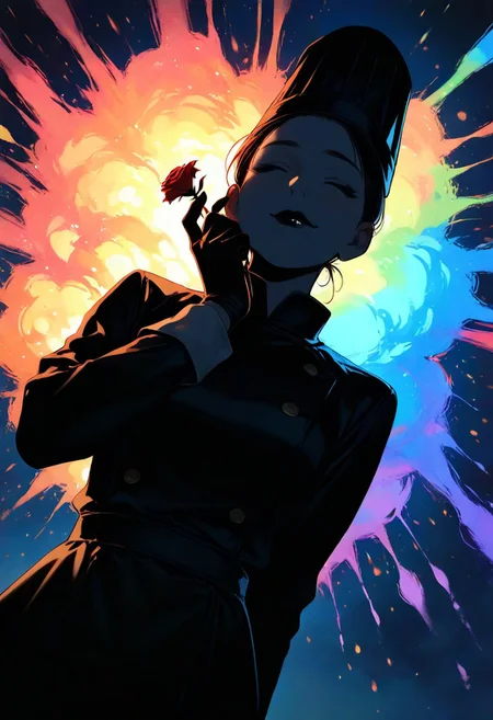masterpiece, best quality, amazing quality, very aesthetic, absurdres, 
1girl, Japanese, pale, from below, hands behind back, tall, black hair, eyes closed ,mouth closed, chef, ponytail, black lips, tall chef hat, blank expression, eyeliner
,magic circles, sweet expression, looks at the flower, close-up of face, face in shadow, body in shadow, dark setting, beautiful black dress, gloves on her hands, thin lips, narrow mouth, cat's smile, solo upper body, angle from above, Dutch angle, hand near the face, holding a flower, rose, rainbow, crystal, fragile, transparent, luminous, magical rose, very beautiful, bright, multicolored, bright magical particles, smoke, fog, multicolored, small, colorful, explosion of colors, soft light, vibrant colors, multicolored rainbow light, focus on face, lots of soft light and colorful particles, colorful, masterpiece, best quality, amazing quality, very aesthetic, absurdres, newest, soft light, explosion of colors, masterpiece, best quality, colorful, bright, multicolored, bright colors of paint, masterpiece, best quality, amazing quality, very aesthetic, absurdres, lots of multicolored rainbow light, focus on the face, lots of soft light, soft colors, lots of colorful particles, dark, hard to see,