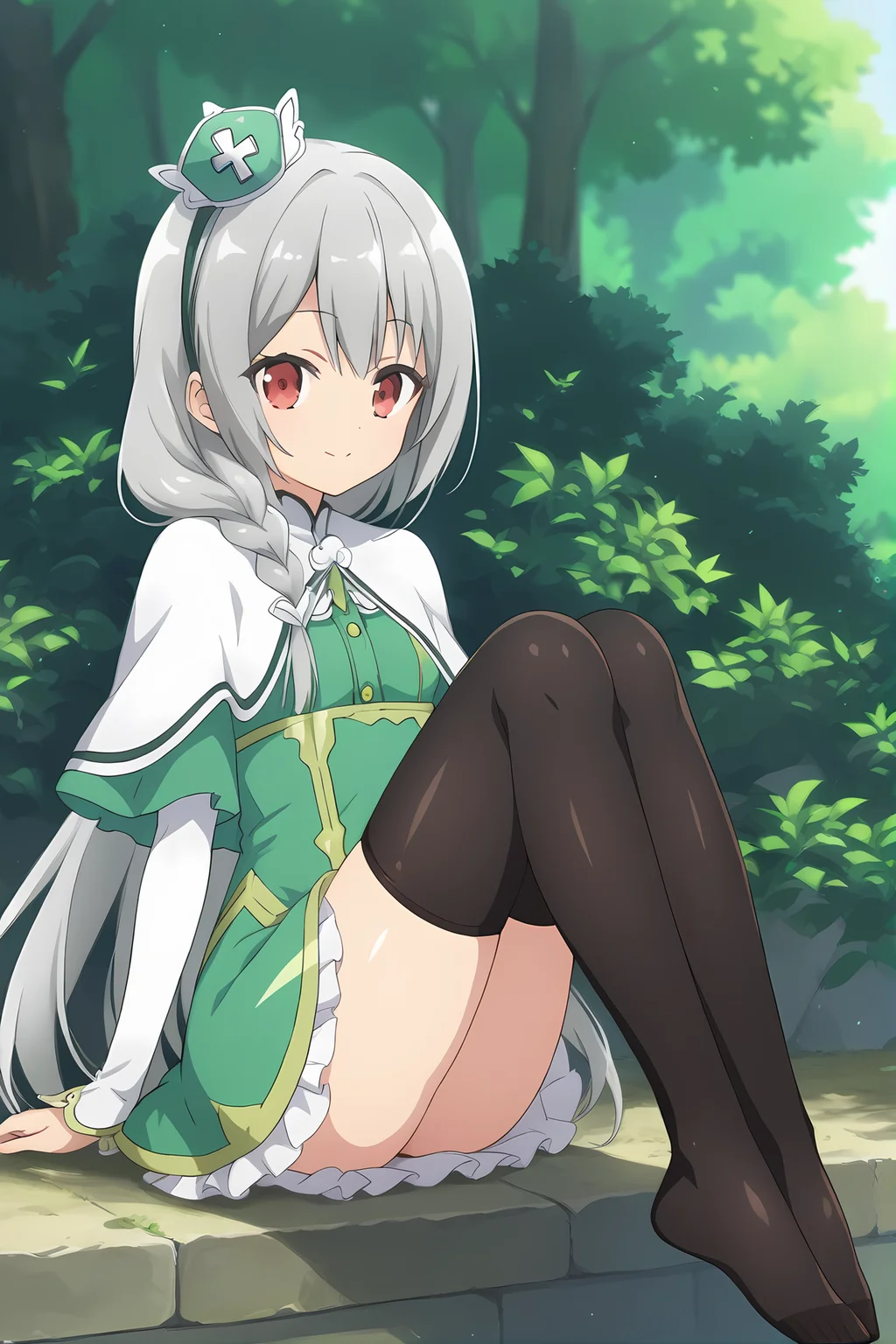 (green dress white capelet green headdress black thighhighs:1.40), ig-maidena, grey hair, red eyes, 1girl, solo, skinny, score_9, score_8_up, score_8, score_7_up, score_7, score_6_up, score_6, score_5_up, score_5, source_anime, (happy:1.10), outdoors, (sitting:1.20), (silent comic:1.20), feet, <lora:ig-maidena-V01-000004:0.60> small breasts, long hair, single braid