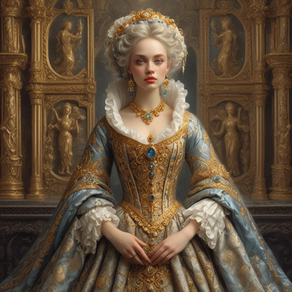 score_9, score_8_up, score_7_up, perfecteyes, grey-blue eyes,pillow night, woman,full body ,gold jewellery, castle,dress fluff, A shawl around my shoulders, baroque