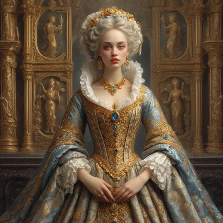 score_9, score_8_up, score_7_up, perfecteyes, grey-blue eyes,pillow night, woman,full body ,gold jewellery, castle,dress fluff, A shawl around my shoulders, baroque