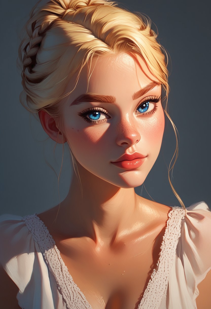score_9, score_8_up, score_7_up, score_6_up, score_5_up, 22 years old, long blonde hair, blue eyes,  , 1girl, kawai girl, frill dress, deep cleavage , v neck, cleavage focus, elegant, hair updo , blue eyes, confident, smug, s1_dram