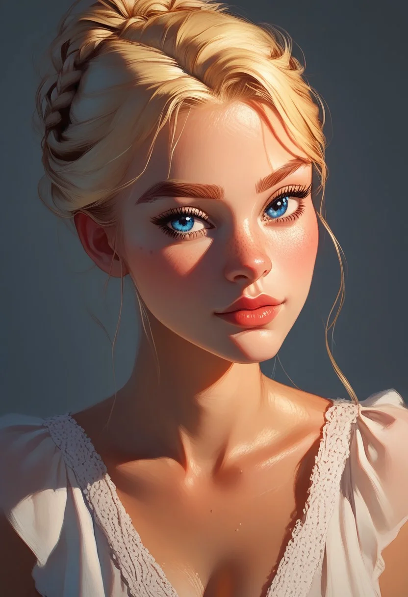 score_9, score_8_up, score_7_up, score_6_up, score_5_up, 22 years old, long blonde hair, blue eyes, , 1girl, kawai girl, frill dress, deep cleavage , v neck, cleavage focus, elegant, hair updo , blue eyes, confident, smug, s1_dram