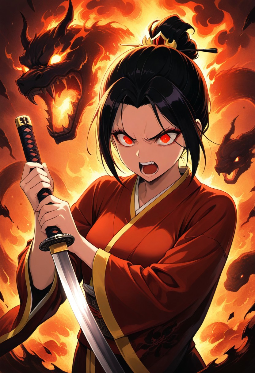 masterpiece,best quality,amazing quality, absurdres, Classical Chinese Brush and Ink, 1girl, Azula, burning eyes, glowing eyes, holding snake katana, snake merged with katana, katana snake, ready to attack, kimono, 1snake, upper body, angry, shouting, engulfed in hellfire, hell background, Sinoink, minimalist,