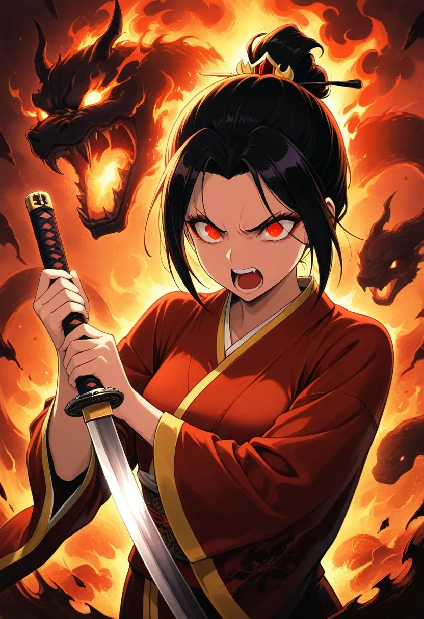 masterpiece,best quality,amazing quality, absurdres, Classical Chinese Brush and Ink, 1girl, Azula, burning eyes, glowing eyes, holding snake katana, snake merged with katana, katana snake, ready to attack, kimono, 1snake, upper body, angry, shouting, engulfed in hellfire, hell background, Sinoink, minimalist,