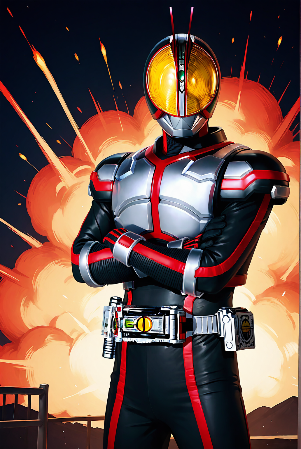 score_9,score_8_up,score_7_up,male focus,ultra-detailed,high resolution,digital painting,8k,1boy,solo,cowboy shot,male focus,detailed face,helmet,armor,bodysuit,belt,tokusatsu,black bodysuit,standing,crossed arms,looking at viewer,fire,explosion,<lora:add-detail-xl:1>,<lora:KamenRider Faiz[illustrious]:0.7>,kamenrider faiz,kamen rider,