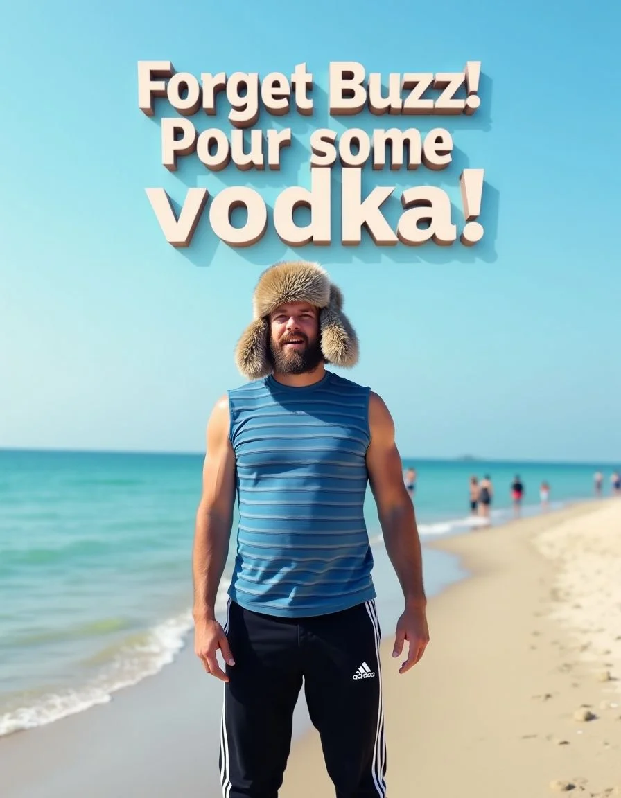 a man wearing russian ushanka and blue/white striped sleeveless t-shirt,  black adidas pants striped at sides, standing on the beach, above his head floating text "Forget Buzz! Pour some vodka!" written with 3d white letters