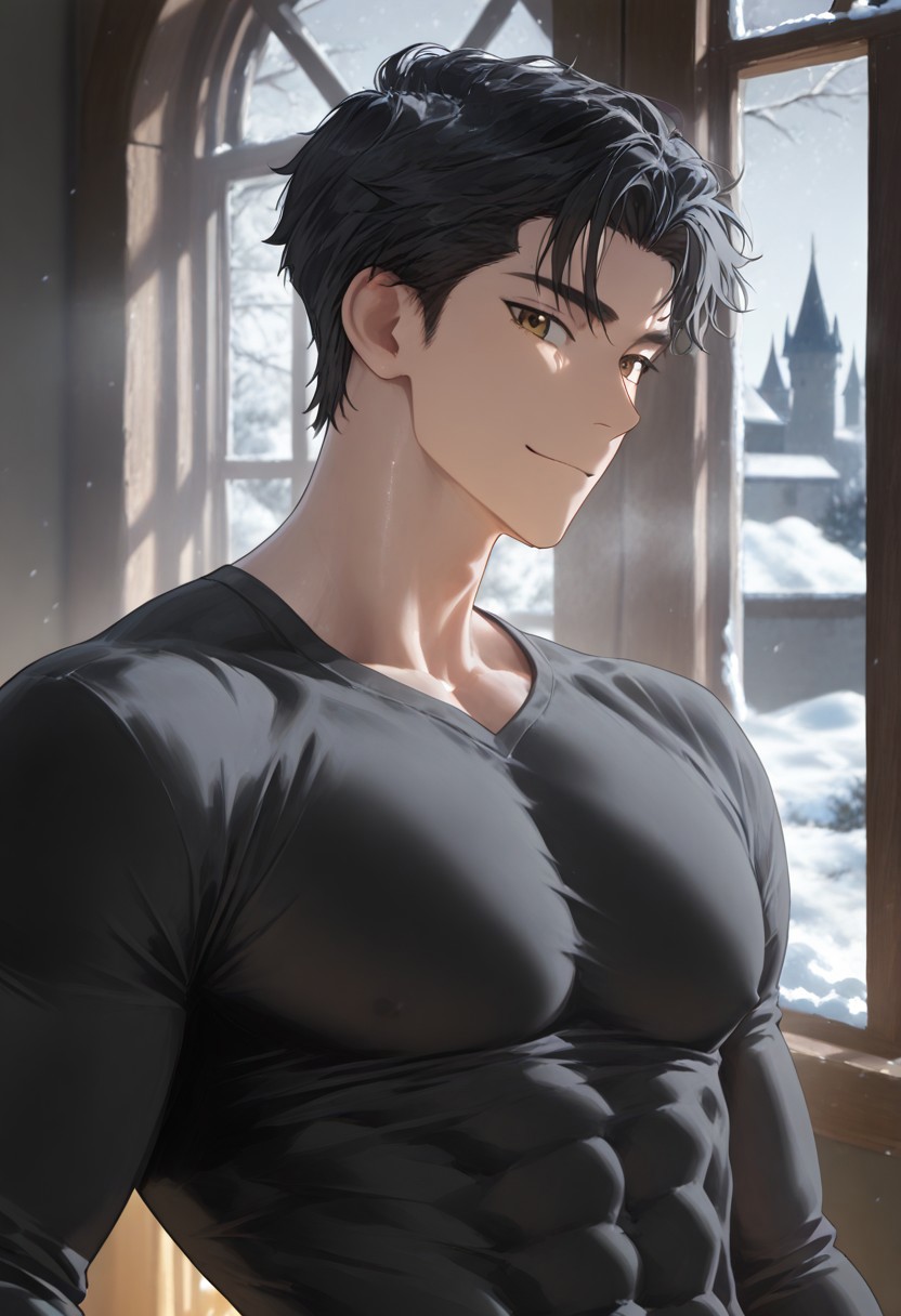 //General, masterpiece,best quality,amazing quality, source_anime, intricately detailed illustration, very aesthetic, absurdres, newest, anime coloring, subsurface scattering, , natural lighting, Expressiveh, detailed skin, shiny skin,aesthetics light, depth of field, vibrant colors,
//Fashion, black shirt, long sleeves, 
//Background, castle interior, indoors, snow background outside the window, 
//Others, 1boy, male focus, solo male, manly body, 
//Action, looking at viewer,  light smile, close up, upper body,
BREAK, black hair, brown eyes,