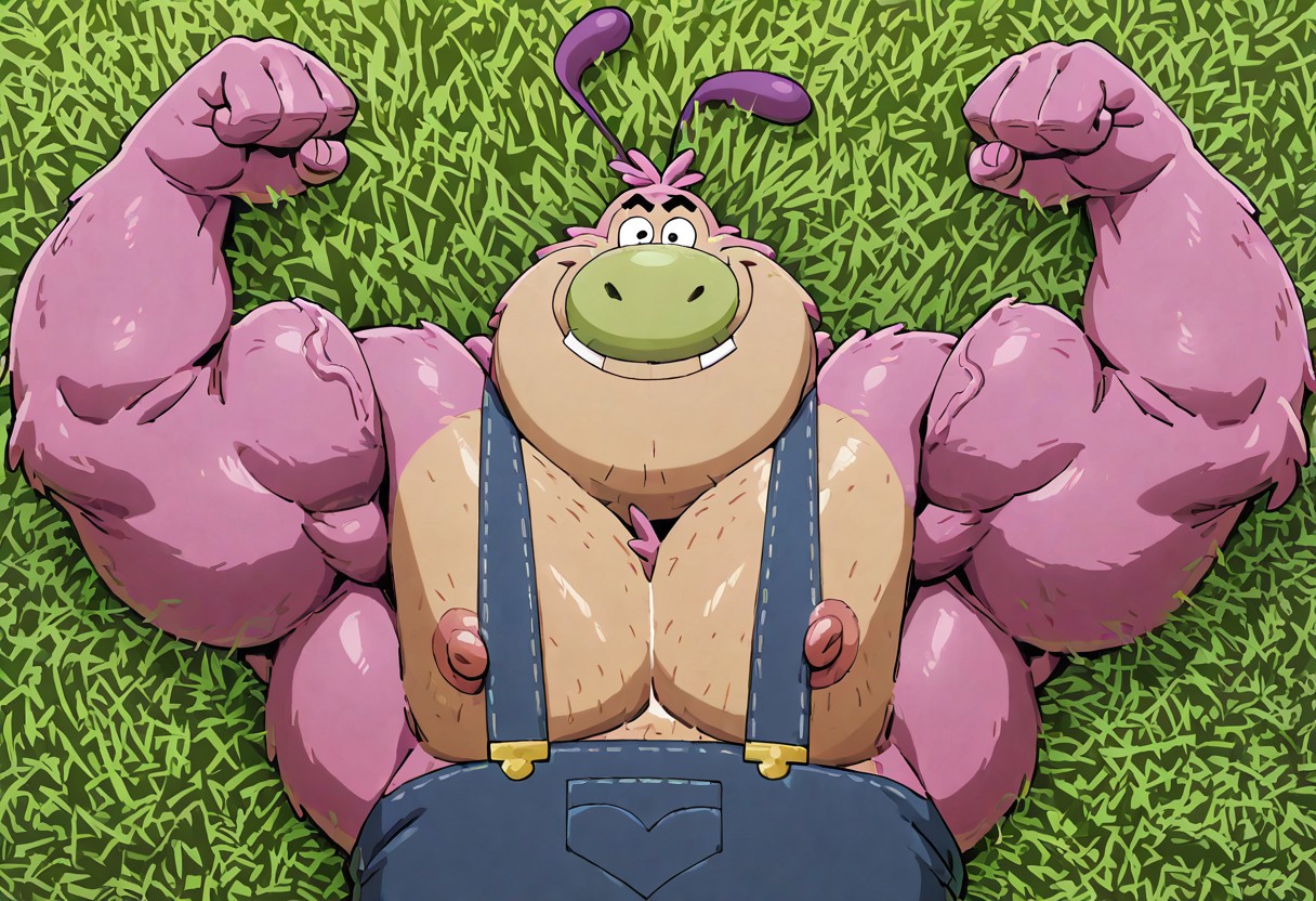solo, 1 boy, male focus,  fuzzy lumpkins ,overalls ( muscular, muscle gut, puffy nipples)grass, day time, Background, upper body, smile, looking at viewer,  three toes, sexy smile, perfect anatomy,  wide shoulders,  , broad shoulders, large build, muscular male, flexing
BREAK best quality, amazing quality, very aesthetic, absurdres, newest, masterpiece 
ireading, purp1361rdm4n,2023, 2024,abstract background,anime screencap, anime coloring