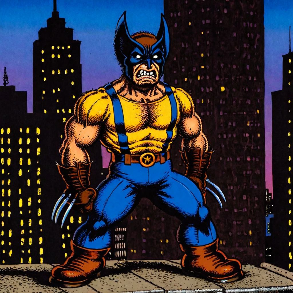 cartoon screenshot in (rcrumb:1.3) style, upper body pose, frumpy costume, 
Wolverine in a superhero movie scene,  Downtown skyscraper rooftop
 <lora:RCrumb_Style_XL_LyCoris_v1.5.2:1.1>