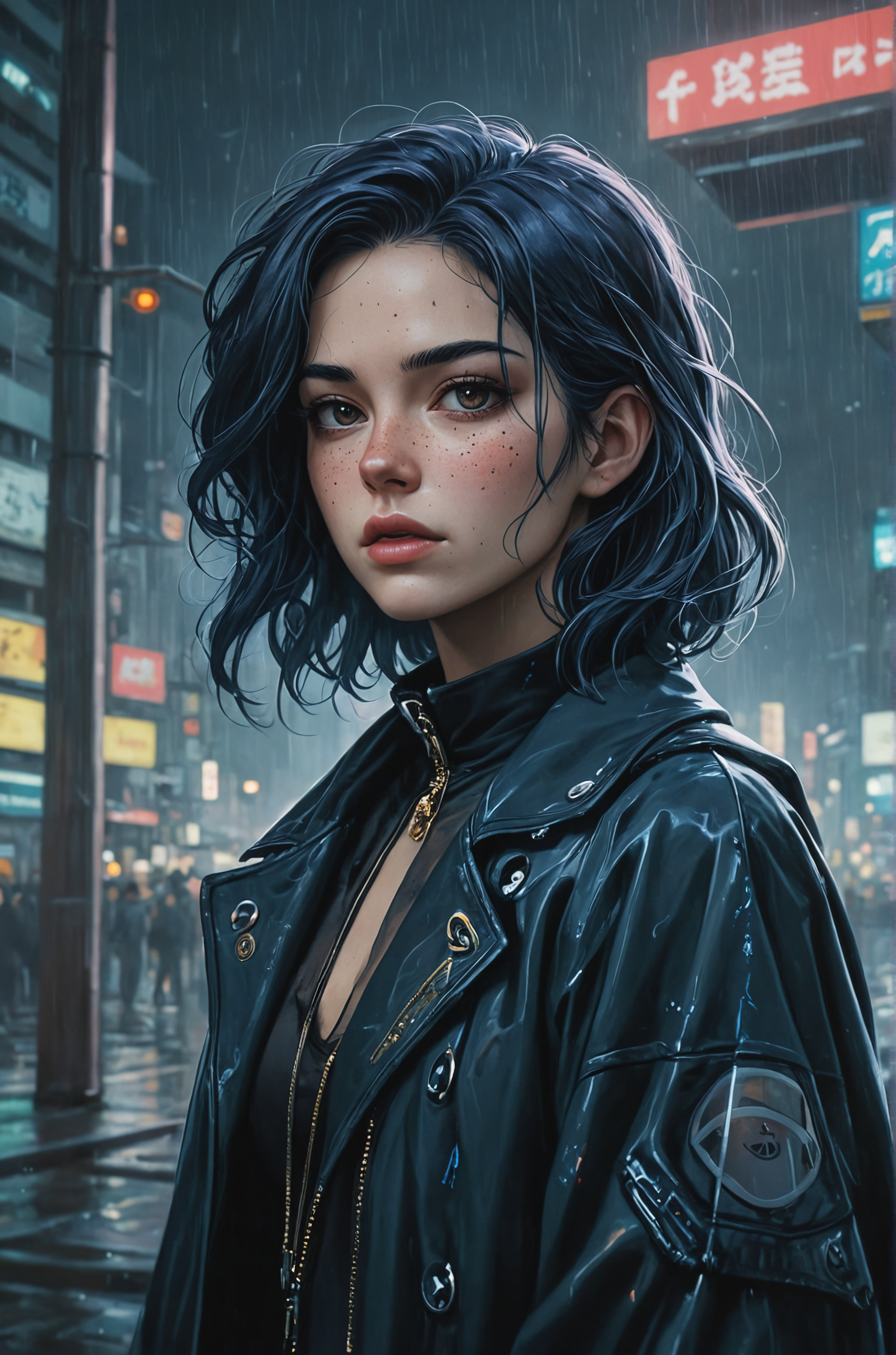 by Alena Aenami, painting, Space elevator terminal, stylized, Portrait of a (Woman of Apocalypse:1.3) , Gloomy, Dorky, Neo-Tokyo, Elementalist, Fascinating Freckles, at Overcast, in focus, specular lighting, 35mm, Fujifilm Superia, dripping dark blue, ethereal magical atmosphere, pixiv, feminine, detailxl
