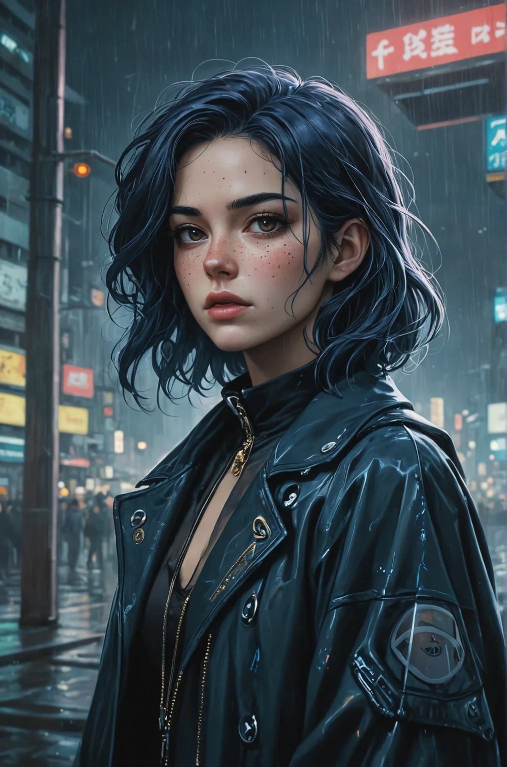 by Alena Aenami, painting, Space elevator terminal, stylized, Portrait of a (Woman of Apocalypse:1.3) , Gloomy, Dorky, Neo-Tokyo, Elementalist, Fascinating Freckles, at Overcast, in focus, specular lighting, 35mm, Fujifilm Superia, dripping dark blue, ethereal magical atmosphere, pixiv, feminine, detailxl