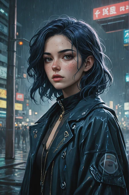 by Alena Aenami, painting, Space elevator terminal, stylized, Portrait of a (Woman of Apocalypse:1.3) , Gloomy, Dorky, Neo-Tokyo, Elementalist, Fascinating Freckles, at Overcast, in focus, specular lighting, 35mm, Fujifilm Superia, dripping dark blue, ethereal magical atmosphere, pixiv, feminine, detailxl