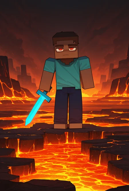 <lora:stevemc-08:1> stevemc, 1boy, male focus, cyan shirt, brown hair, dark-skinned male, dark blue pants, square, square body, square arms,, hell, lava, blue sword, masterpiece, best quality, amazing quality, very aesthetic, absurdres, newest,