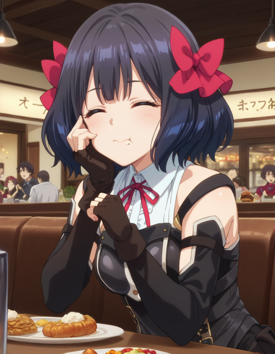 score_9, score_8_up, score_7_up, source_anime, BREAK
1girl, solo, happy, eating, closed mouth, food in mouth, wooden, old, restaurant, crowd, from side, night, arm at side,
hand on own cheek,
tino shade, medium hair, black hair, red hair bow, closed eyes,
theif outfit, white collared shirt, neck ribbon, frills, sleeveless shirt, detached sleeves, long sleeves, fingerless gloves, armor, corset,
<lora:tino_shade_anime_v2-soralz:1>