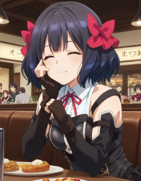 score_9, score_8_up, score_7_up, source_anime, BREAK
1girl, solo, happy, eating, closed mouth, food in mouth, wooden, old, restaurant, crowd, from side, night, arm at side,
hand on own cheek,
tino shade, medium hair, black hair, red hair bow, closed eyes,
theif outfit, white collared shirt, neck ribbon, frills, sleeveless shirt, detached sleeves, long sleeves, fingerless gloves, armor, corset,
<lora:tino_shade_anime_v2-soralz:1>