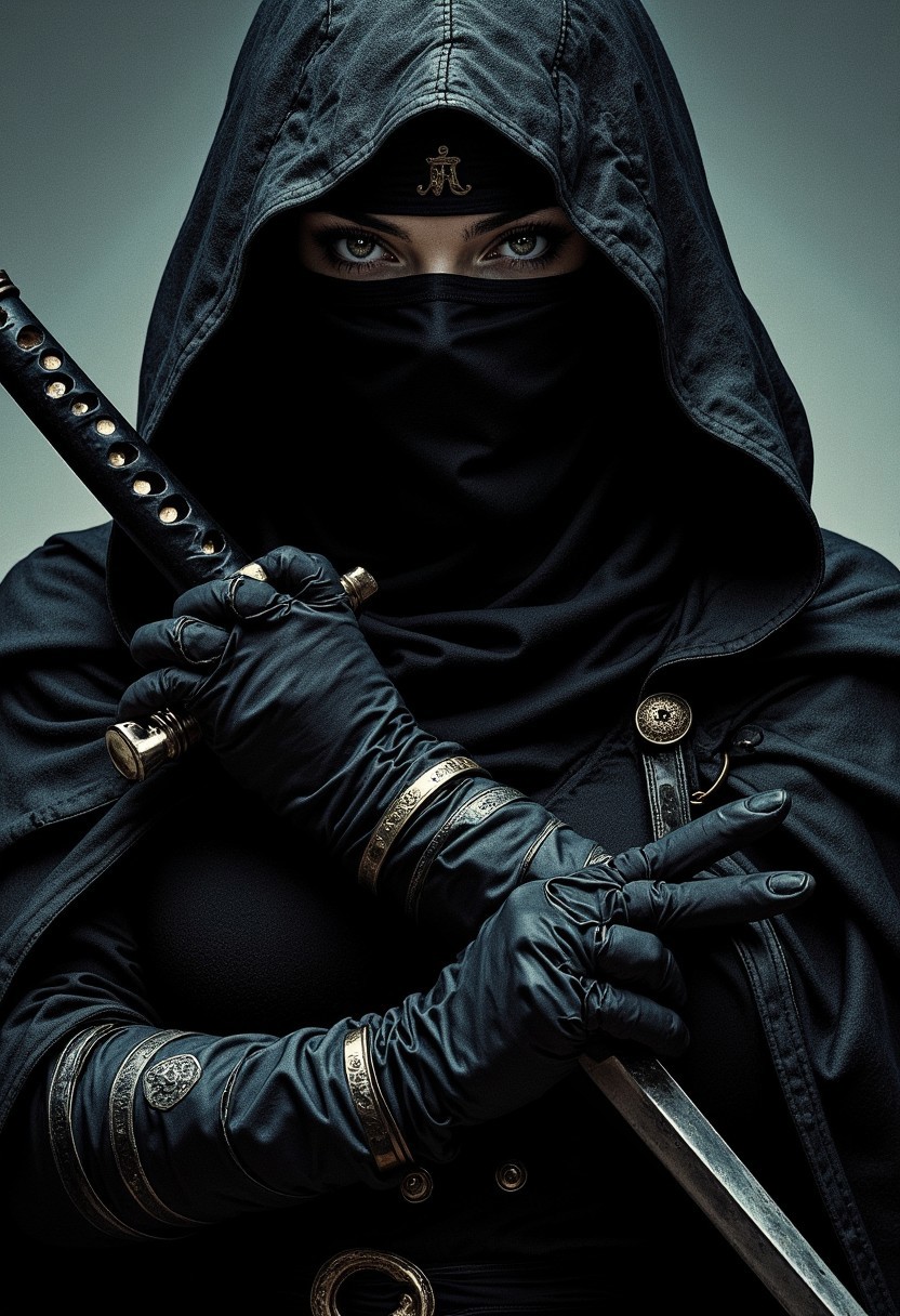 female japanese ninja assassin, hood, mask, eyes visible, black gloves, direct gaze,  chiascuro, silhouetted, weapons, directional lighting, masterpiece, perfect composition, perfect hands, cowboy shot