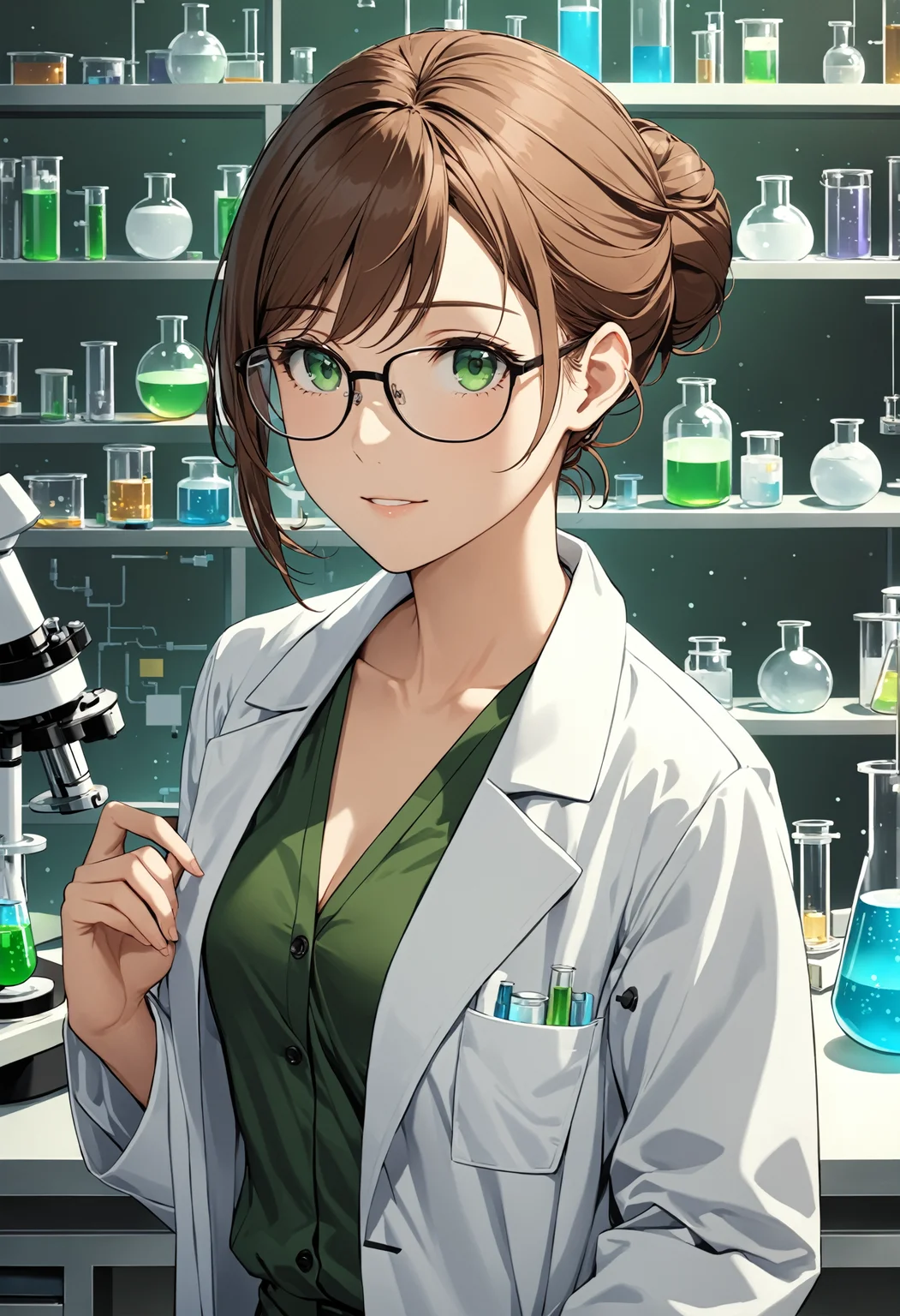 masterpiece, best quality, 4k, 8k, 1girl, (small breasts:1.2), brown hair, hair bun, green eyes, upper body, laboratory, (lab coat:1.30), scientist, glasses, <lora:naughty_to_nice_XL_v1.0:0>