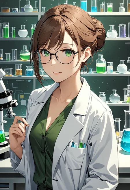 masterpiece, best quality, 4k, 8k, 1girl, (small breasts:1.2), brown hair, hair bun, green eyes, upper body, laboratory, (lab coat:1.30), scientist, glasses, <lora:naughty_to_nice_XL_v1.0:0>