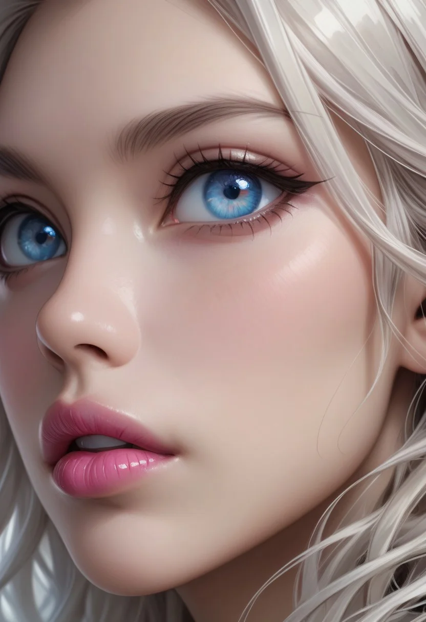 best quality, masterpiece, highly detailed, ultra-detailed, close up of woman face, pretty face, strong jaw line, 1girl, white hair, pink lipstick, blue eyes