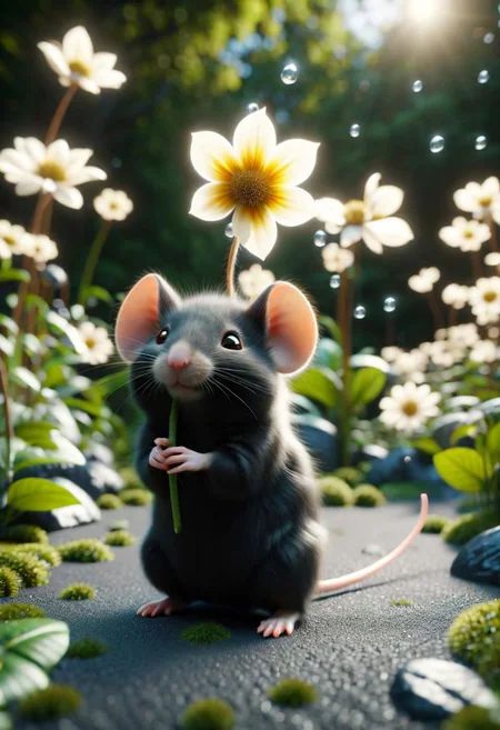 ral-fluff,<lora:ral-fluff:1>,
chibi,masterpiece,best quality,original,official art,black metallic fantasy mice,hat,flower,blurred background,rendering,beautiful detailed glow,(detailed ice),beautiful detailed water,sunny, blurred flower, happy, stand in Front of a House made off cheese