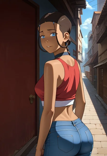 score_9, score_8_up, score_7_up, realistic, realism, HD, perfect quality, 16k, very detailed, realistic lighting, detailed face, BREAK, (((good_hands))), (((perfect eyes, bedroom eyes, (light smile:0.5)))), BREAK, solo, 1girl, (((Katara-BookWater, blue eyes, short hair, brown hair, hair ornament, dark skin, dark-skinned female))), eye_focus, ((medium breasts, big ass)), (bedroom eyes), looking at viewer, nervous, seductive, sensual, medium body size, slightly small neck, plumb body, voluptuous hips and thighs, curvy body size, microwaist, (feminine body, soft body:1.5), BREAK, solo, 1girl, sidelocks, sidelocks tied back, jeans, tight jeans, red crop top, happy, back turned, looking back, city, alley, colorful background, scenery, shops, plants, day,