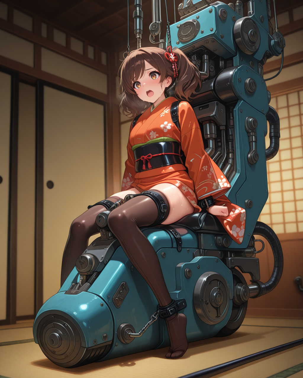 masterpiece,best quality,higres illustration,detailed face,1girl,full body,<lora:bdsmtech_IL:1>,bdsm,machine,sitting,ride,open mouth,sweat,brown hair,twintails,kimono,thighhighs,japanese room,