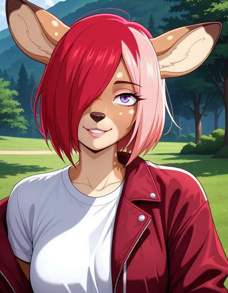 masterpiece, best quality, very aesthetic, absurdres,
outdoors,
t-shirt, jacket,
upper body, headshot,
seductive smile, parted lips, long eyelashes,
<lora:Allie_v01_NAIXL:1>
A11lie,1girl,solo,furry,furry female,deer ears,short hair,red hair,pink hair,hair over one eye,purple eyes,snout,animal nose,body fur,brown fur,