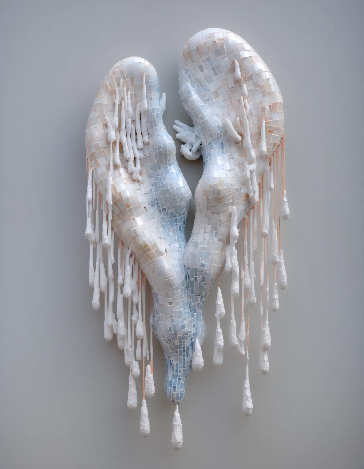 sculpture made of Delicate porcelain shards, ethereal fabric wisps, suspended in midair, ghostly whispers, fragmented memories, surreal elegance, ephemeral existence, haunting beauty, colorful geometric patterns,(Keresztes:1.3), hyperrealistic, photorealistic,