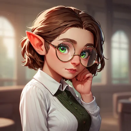 (((beautiful, high quality))), upper Body, score_9, score_8_up, score_7_up,
halfling, short stature, pointed ears, big eyes,
1girl, green eyes, brown hair, round glasses, white office shirt, fantasy clothes,
looking at the viewer, posing, blurred background, blurred fantasy background,