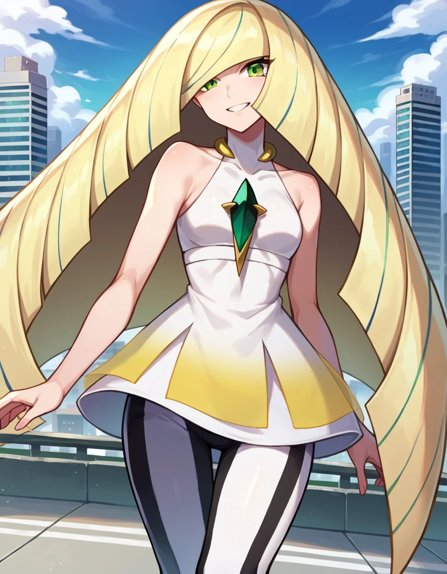 score_9, score_8_up, score_7_up, source_anime,
pokemonlusamine, <lora:pokemon-lusamine-ponyxl-lora-nochekaiser:1>
pokemonlusamine, blonde hair, green eyes, hair over one eye, long hair, multicolored hair, streaked hair, very long hair, smile,
bare arms, diamond \(shape\), dress, gem, green gemstone, leggings, short dress, sleeveless, sleeveless dress, white dress, white leggings,
outdoors, cityscape,
looking at viewer, dutch angle, cowboy shot,