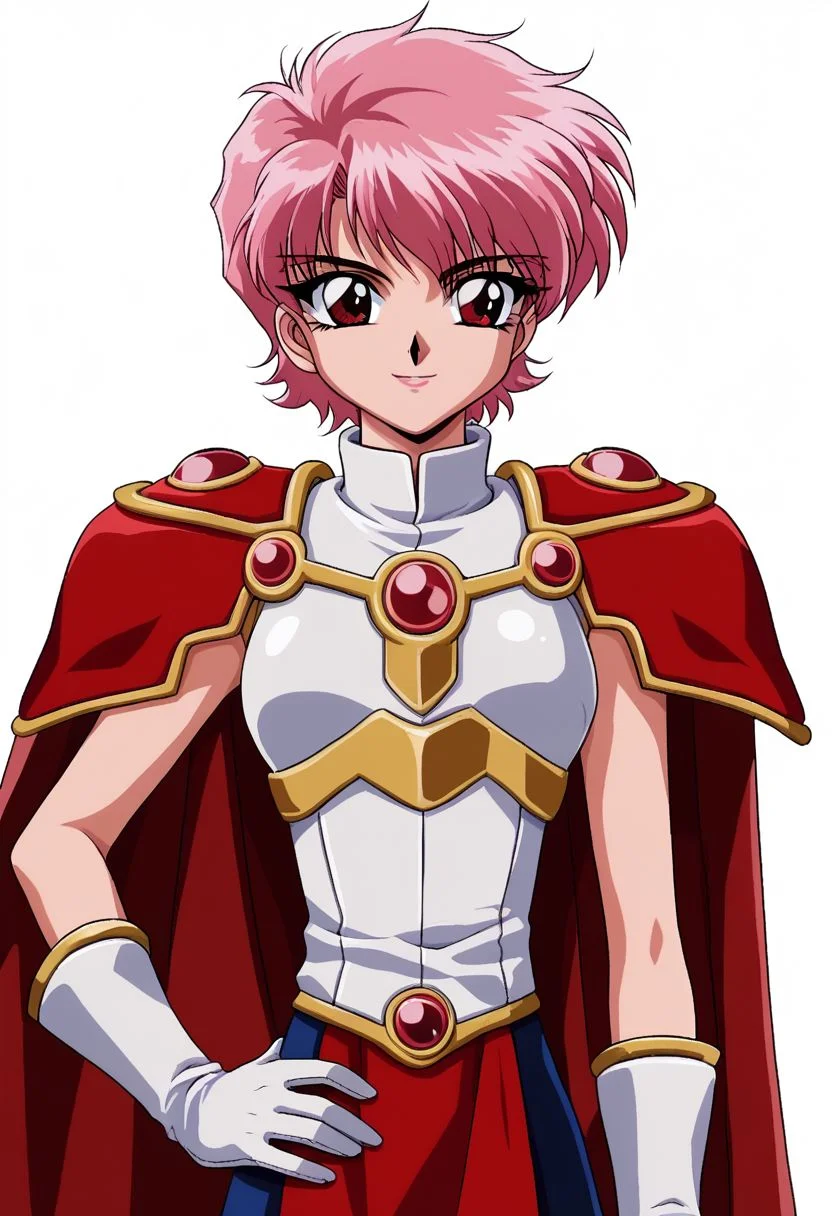 mkr style, 1girl, armor, solo, red eyes, smile, short hair, red hair, hand on hip, cape, white background, shoulder armor, pauldrons, gloves, official style, upper body, red cape, retro artstyle, looking at viewer, breastplate, white gloves, 1990s (style), pink hair, simple background, anime coloring, 2d, flat coloring, cel shading, cel shaded BREAK PonyXLV6_Scores
