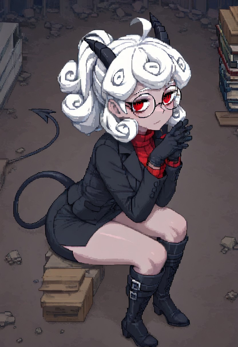 masterpiece, best quality, newest, absurdres, highres, PCSVIL-V1.0, pixel art, 1girl, pandemonica (helltaker), demon girl, horns, black horns, white hair, knee boots, gloves, demon tail, demon horns, black jacket, curly hair, glasses, round glasses, round eyewaer,