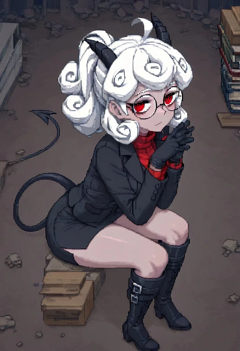 masterpiece, best quality, newest, absurdres, highres, PCSVIL-V1.0, pixel art, 1girl, pandemonica (helltaker), demon girl, horns, black horns, white hair, knee boots, gloves, demon tail, demon horns, black jacket, curly hair, glasses, round glasses, round eyewaer,