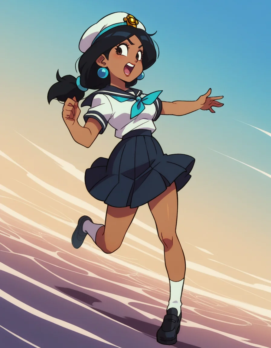 zPDXL, score_9, score_8_up, score_7_up, score_6_up, score_5_up, source_anime, 4k, absurdres, 1girl, solo
<lora:Broly_v1:0.8> dbsb,, Princess Jasmine, dark-skinned female, black hair, open mouth, outstretched leg, sailor wearing a sailor hat, khaki button-up shirt, uniform pants, black dress shoes, holding a sextant