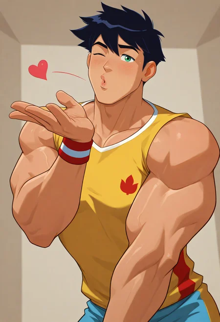 embedding:Illustrious\Positive\IllusP0s, embedding:Illustrious\Positive\IllustriousQual,1boy, blaine_ts!, male focus, solo, muscular male, messy hair, black hair, green eyes, board shoulders, large biceps, laterals wristbands, yellow blue jersey, pucker lips, blowing a kiss, heart, extend arm forward, wink, best quality, high resolution, masterpiece.