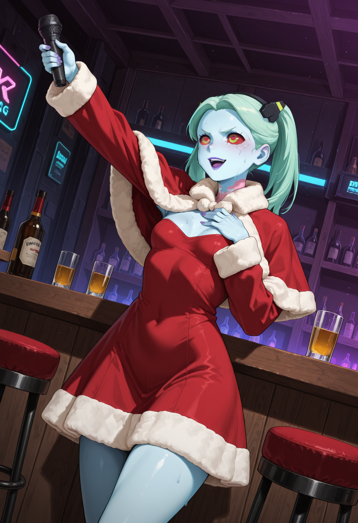 masterpiece, best quality, highres, absurdres, very awa, 1girl, solo, blue skin, twintails, parted bangs, forehead, green hair, purple lips, small breasts, colored sclera, red sclera, winter dress, santa costume, fur-trimmed capelet, indoors, bar \(place\), alcohol, neon lights, cyberpunk, cowboy shot, music, open mouth, singing, arm up, breasts, hand on own chest, sweat, looking ahead, headgear, stool, bar stool, holding microphone, microphone, cable, dutch angle, v-shaped eyebrows, smile, parted lips