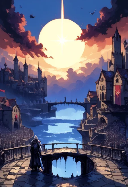 d3p1x3l, pixel art, ArsMJStylePony, scenery, score_9, score_8_up, score_7_up, score_6_up, (hkfuture), sinozick style, (1girl), solo, (female holy knight standing on a balcony overlooking the castle town square full of people:1.4), (from behind:1.2), side view, (from above:1.2), out of focus, (white hair), (spiky cross shaped golden halo:1.3), (long curly hair),(golden black armor), long torn indigo scarf,golden eyes, hime cut, shining ,flat breasts,fully armored, scenery, pale skin, gauntlets, pauldrons, (arm up, holding giant_long_sword, shouting, glorious, victorious), rallying her people, leaning on railing,
BREAK,
gothic castle town, (balcony overlooking a crowd in the town square:1.2), large fountain, (crowd cheering:1.3), army returning from battle victorious, ddpapa, great lighting, sunset, long shadows, d4rkv1b3, flags, banners, tapestry,