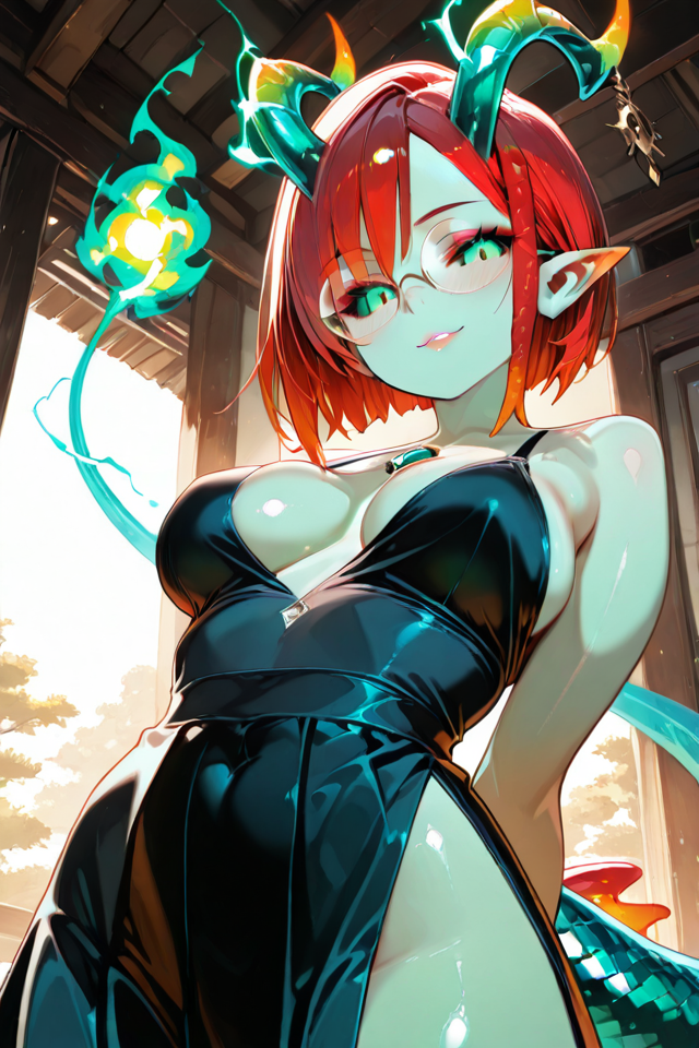 PonyScores, Expressiveh, (score_9, score_8_up, score_8, ASCII score_9), Rating 9, Rating 8, Rating 7, (Jade Obsidian Girl), (looking at viewer), 1girl, mature female, sexy, erotic, seductive, big breasts, large breasts, (huge breasts), ultra-detailed, 32k, high detail, detailed, octane render, unreal engine, hyper detailed, ultra detail, (detailed background), (detailed face), illustration, CG, eyelashes, thick lines, soft lighting, absolutely eye-catching, (beautiful face), very awa, very aesthetic, absurdres, newest, portrait, center frame, apocalype, alluring, masterpiece, best quality, (seductive smile), parted lips, pinch dark, horror, from front, (natural beauty), (natural breasts), (ultra detail eyes), (beautiful sexy female), volumetric lighting, hdr, glowing plasma contur, (bioluminescence), Black Sclera, Horns, Dreadlocks, Pointy ears, Female Alien, Monster Girl, (tail, tail set aside, thick tail, triangular tipped tail), (sparking aura), powerful, energetic, vibrant, fire, (green aura), (spiked hair), (red hair:1.3), (bioluminescence hair), (fiery aura), (aura), perfect eyes, energy, electricity, (green electricity), (energy charging posture), (charging aura), (green skin), shadow, makeup, green theme, gradient, lips, (glowing fiery eyes:1.05), ultra-HD, intricate textures, luminous lighting, cinematic ambiance, shimmering gradients, ethereal glow, deep contrast, soft volumetric fog, subtle particles, radiant reflections, rich color tones, seductive atmosphere, captivating sensuality, Cinematic Lighting, Shadow, backlit, backlighting, BREAK raytracing, volumetric lighting, ambient occlusion, shimmering particles in the air, intricate cinematic background, intimate and seductive, BREAK beautiful girl, jade horns, jade green, jade tail, (Sexy lips), indoors, day, blue sky, sun, <lora:JadeObsidianGirlillusV1ApexAi:1>, LDSCH, aesthetic, Polly, PollyRH, short hair, bobcut, black hair, bangs, green eyes, almost flat chest, slim, pale skin, big round eyeglasses, clear eyeglasses lenses, red lipgloss, HD32k, dynamic pose, aesthetic, perspective, solo, detailed eyes, sensual look, pinup pose, urban scenario, detailed background, black-red tint, sensual look, goth attire, punk attire, black tank top, nipple peek, (red) tartan skirt, spiky wristbands, chocker, posing sexy, flirty, back view, low angle view, panty shot,