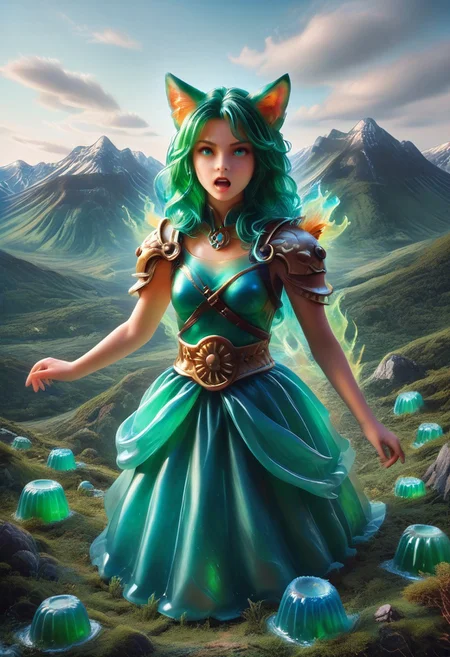 realistic, 4k, high definition, portrait, PADechidnaE, woman in center, cat eyes, flame hair, fox ears, mountain top, mist in distance, long green hair, beautiful woman, tough looking, shouting, powerful, lightweight armor, metal shoulder plates, Jellystyle, blue clothes, magic incantation, negative_hand, Fascinating, GlowingRunesAI_paleblue, mountain, nature, mountainous horizon, zPDXL3, verybadimagenegative_v1.3, goldstyle