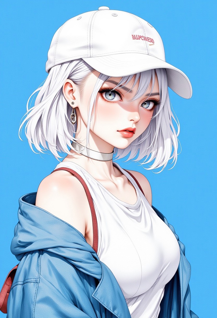 1girl, solo, white hair, short hair, french bob cut, grey eyes, thick eyebrows, red lips, hoop earrings, blush nose, white choker, hair behind ear, off-shoulder shirt, white shirt, white baseball cap, bare shoulders, blue blazer, simple background, blue background, looking down, side profile, side view, model, photohraphy, modeling, stylish, modern fashion, watercolor \(medium\), watercolor effect, watercolor background, beauty, masterpiece, best quality, high resolution, very aesthetic, absurdres, newest, professional, high-quality, hyper-realistic, portrait of a woman, detailed eyes, realistic body