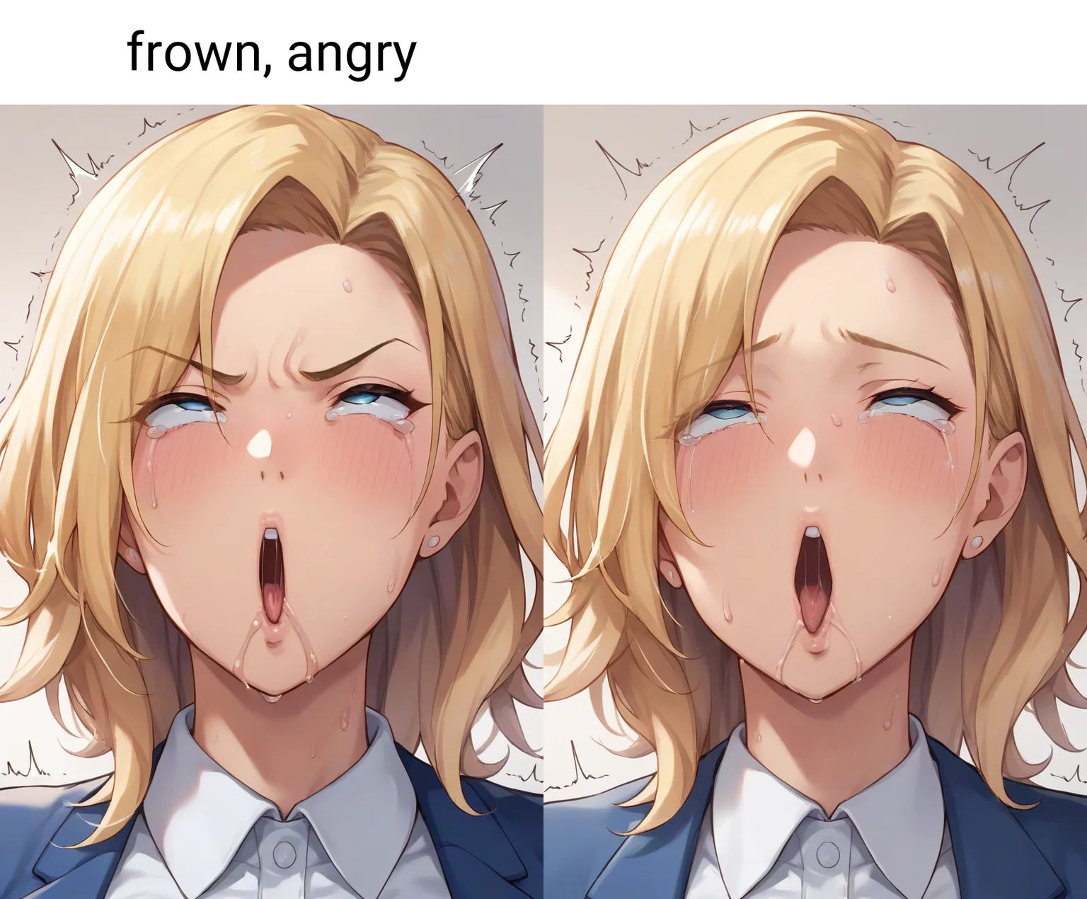 source_anime,mature female, score_7_up, mature female, masterpiece, 1girl, collared shirt, blonde hair, blue eyes , parted bangs, medium hair, focus on face, <lora:ohogao_PonyXL_v2:1> , ohogao, teary-eyed, drool, half-closed eyes, trembling, rolling eyes, open mouth, frown, angry