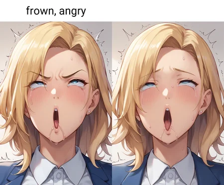 source_anime,mature female, score_7_up, mature female, masterpiece, 1girl, collared shirt, blonde hair, blue eyes , parted bangs, medium hair, focus on face, <lora:ohogao_PonyXL_v2:1> , ohogao, teary-eyed, drool, half-closed eyes, trembling, rolling eyes, open mouth, frown, angry