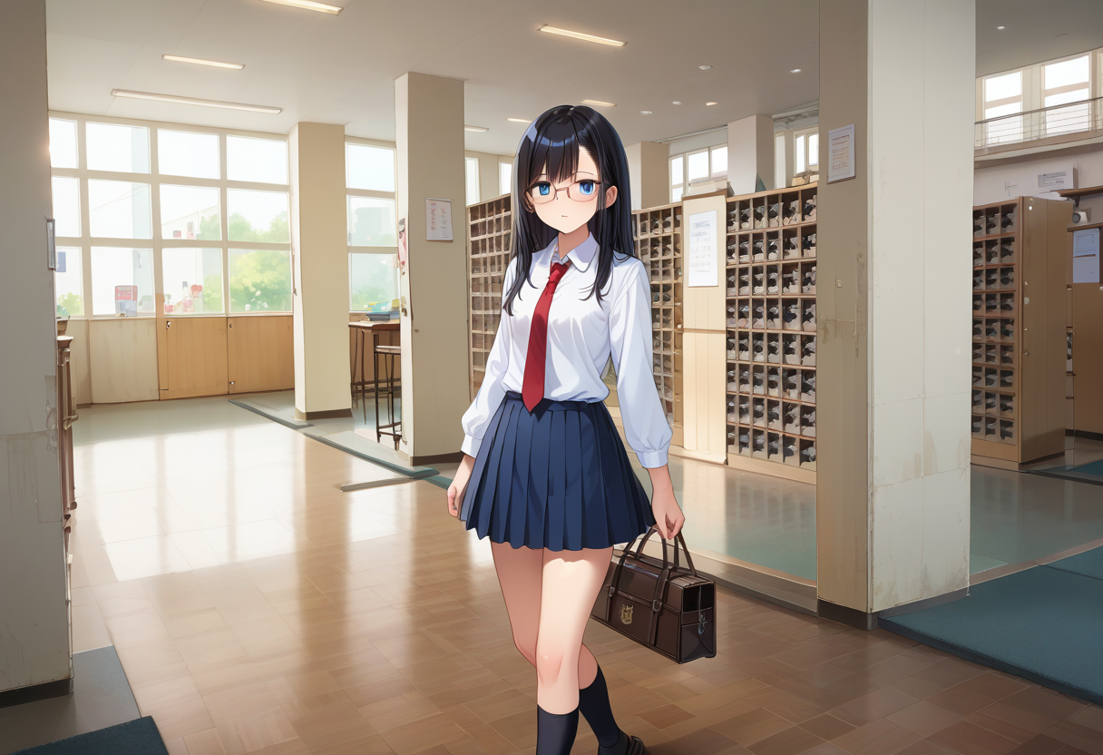 score_9, score_8_up, score_7_up, rating_safe, masterpiece, best quality, absurdres, unity 8k wallpaper, official art, official style, source_anime, uncensored, game cg, megami magazine,
1girl, solo, glasses, black hair, long hair, blue eyes, collared shirt, red necktie, pleated skirt, blue skirt, looking at viewer, blush, 
getabako, scenery, window, calendar (object), indoors, school, door, hallway
 <lora:gakkou_getabako_PONY_V1:1>